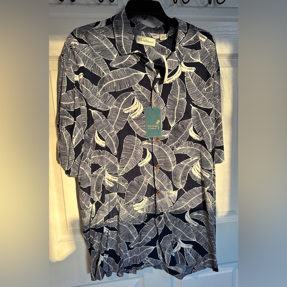 Caribbean Navy and White Tropical Leaf Shirt